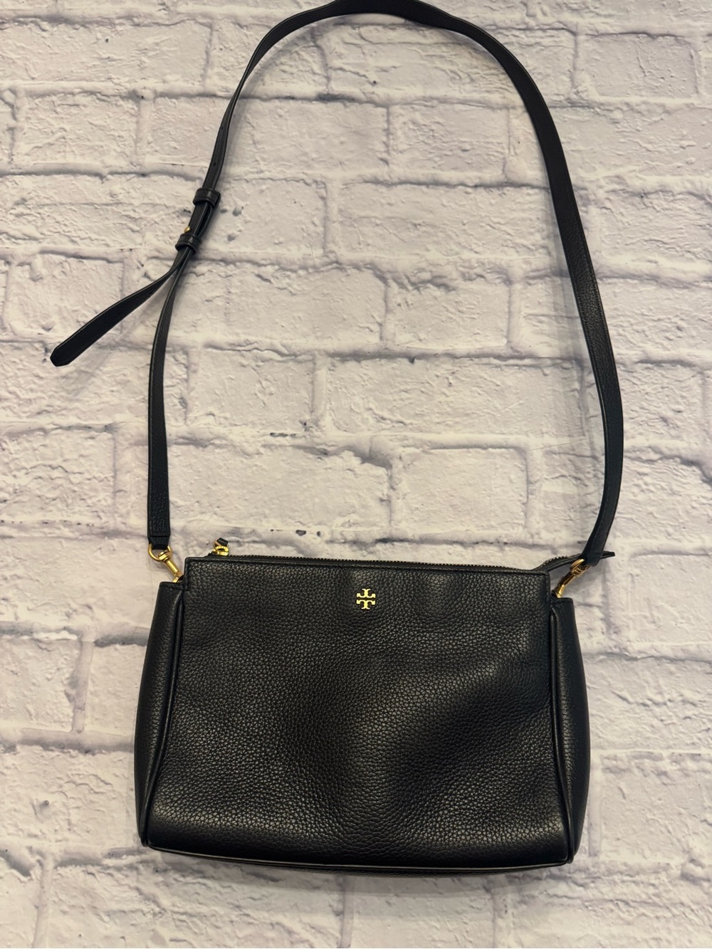 Tory Burch Black Pebbled Leather Crossbody with Gold Logo